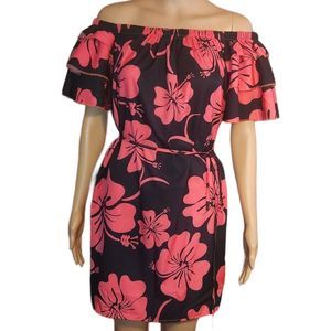 Hibiscus Dress Floral Off the shoulder Black Pink Womens See measurements